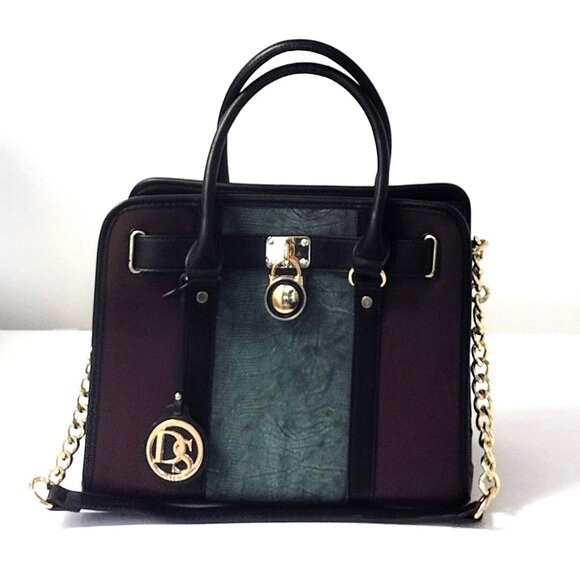 Dasein Satchel Handbag w/Shoulder Straps and Padlock (Brown/Green/Black) - Picture 1 of 10